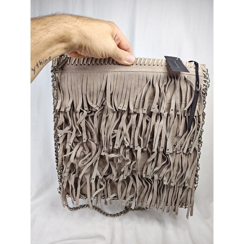 Bebe Genuine Leather Suede Fringe Convertible Bag Crossbody Purse NWT Taupe
